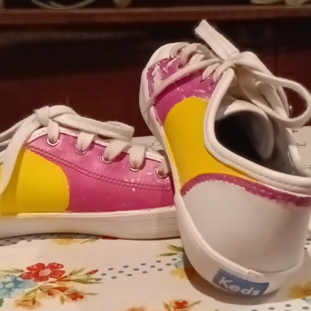 FINAL PRICE Keds girl's pink yellow and white splashed sneakers Size 13 1/2